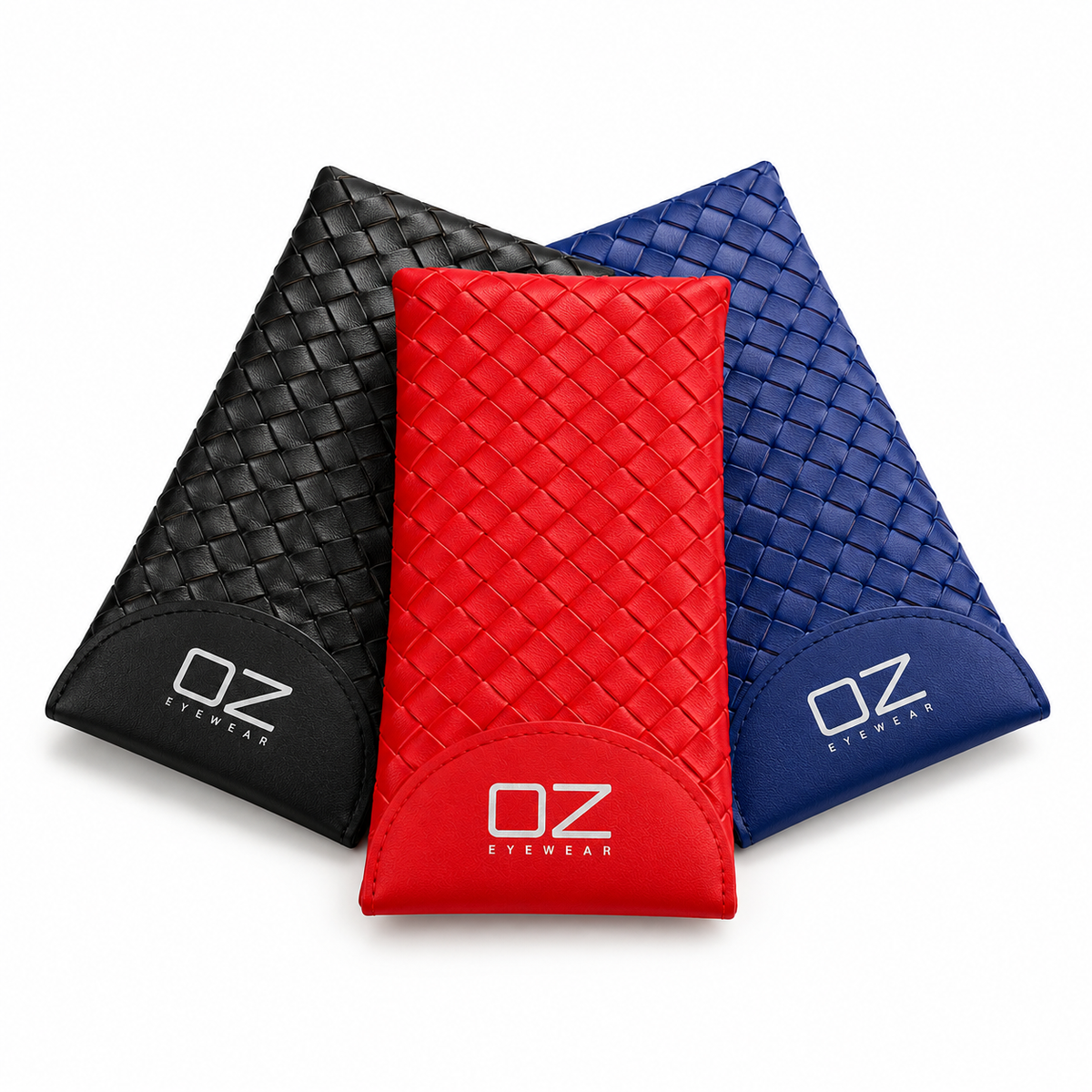 Three woven leather eyewear pouches in black, red, and blue, arranged in a fan shape on a white background. Each pouch features a white 'OZ EYEWEAR' logo on the lower front.