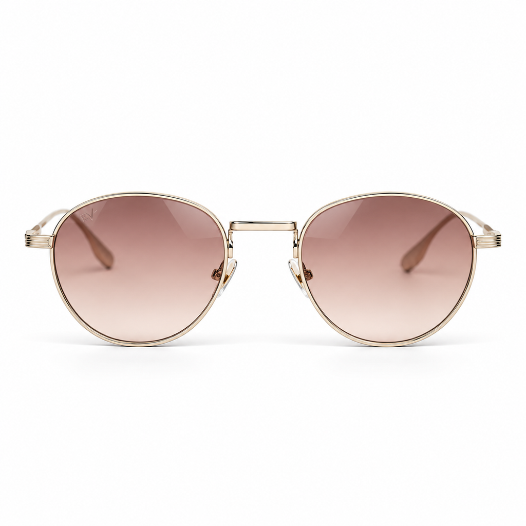 Lunettes de soleil EVATIKA, forme ronde, monture doré, verres rose