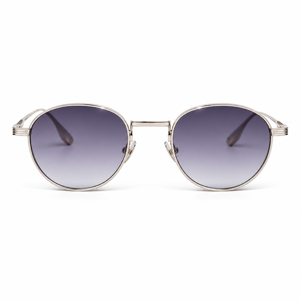 Lunettes de soleil EVATIKA, forme ronde, monture argenté, verres violet