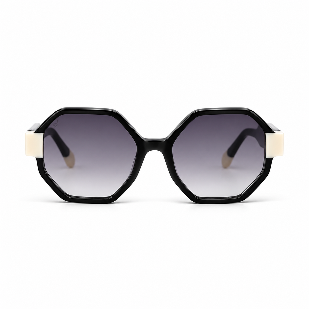 Lunettes de soleil EVATIKA, forme géométrique, monture noir, verres violet