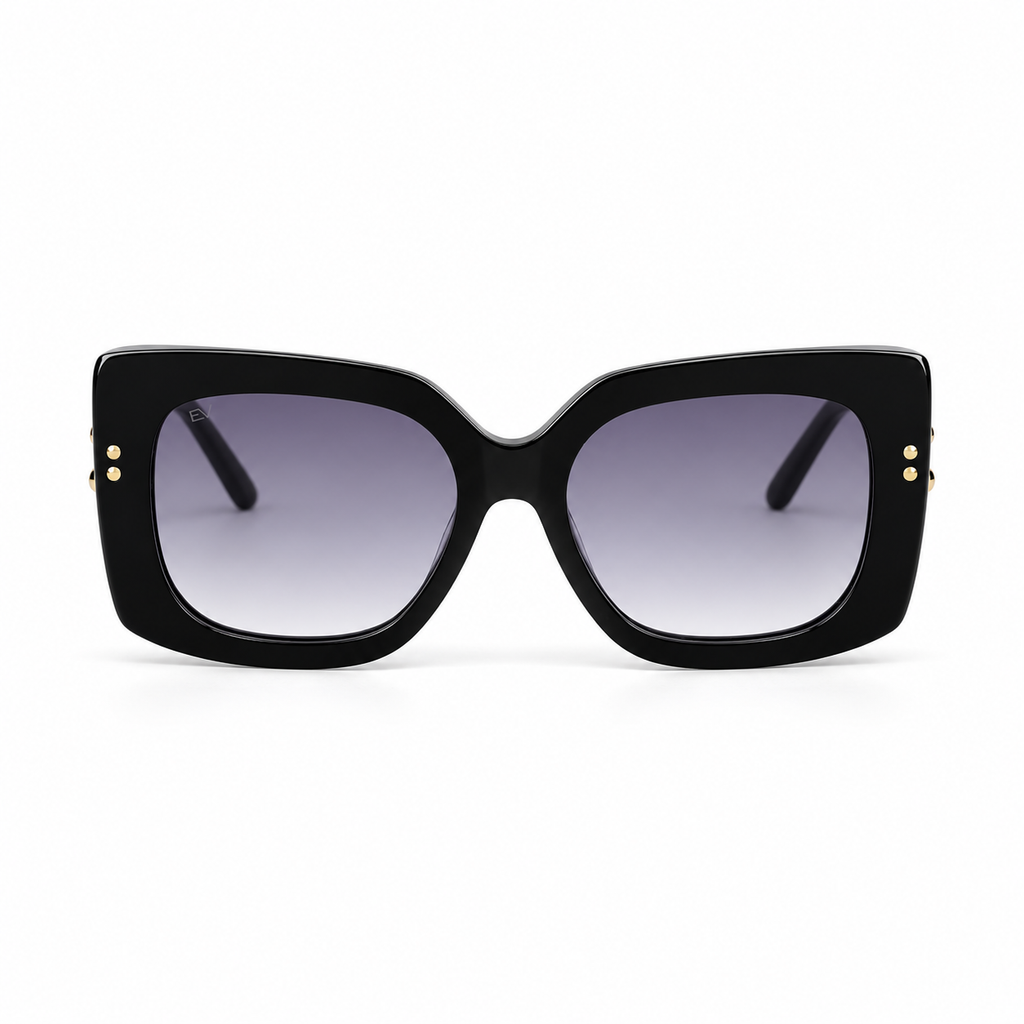 Lunettes de soleil EVATIKA, forme cat-eye, monture noir, verres violet