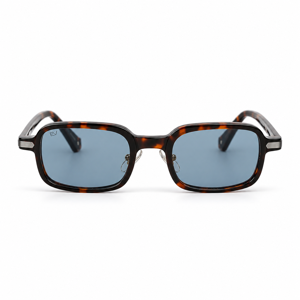 Lunettes de soleil EVATIKA, forme rectangulaire, monture écaille, verres bleu