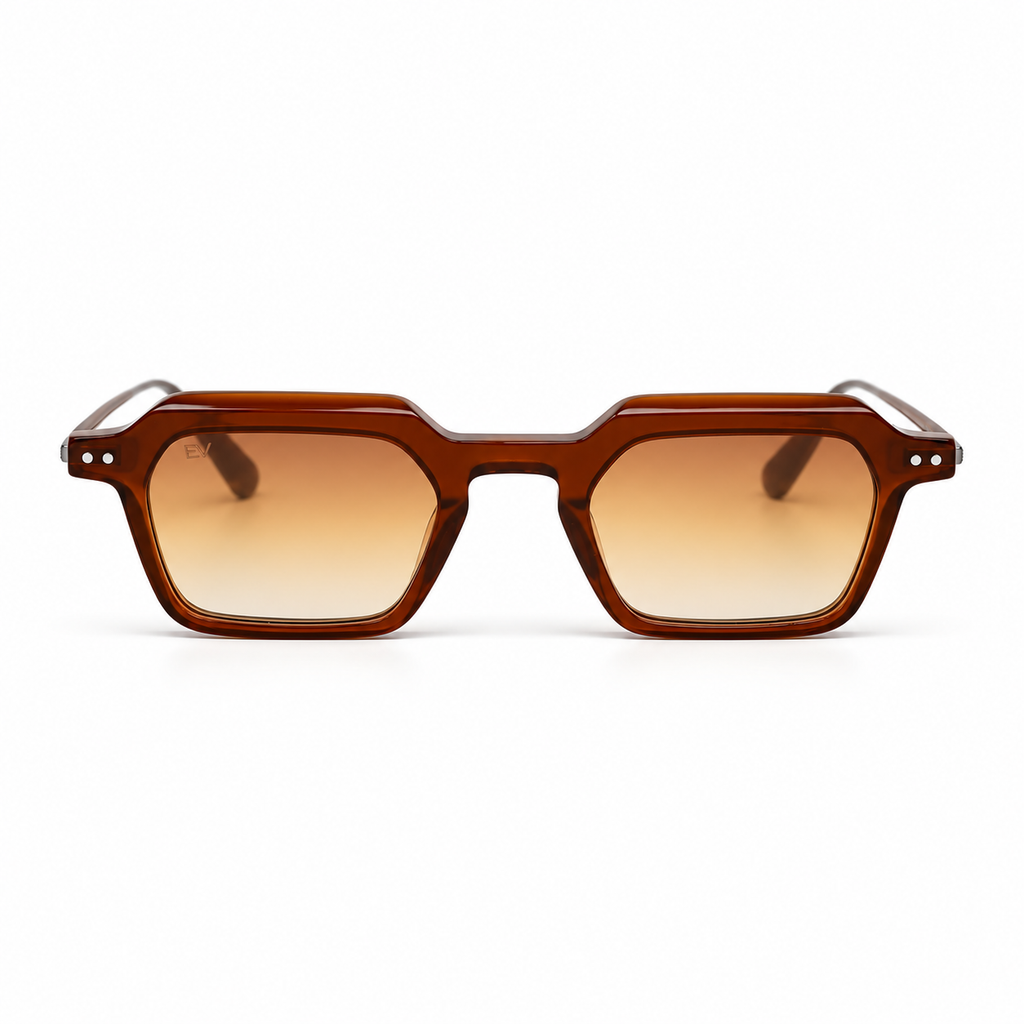 Lunettes de soleil EVATIKA, forme rectangulaire, monture marron, verres orange