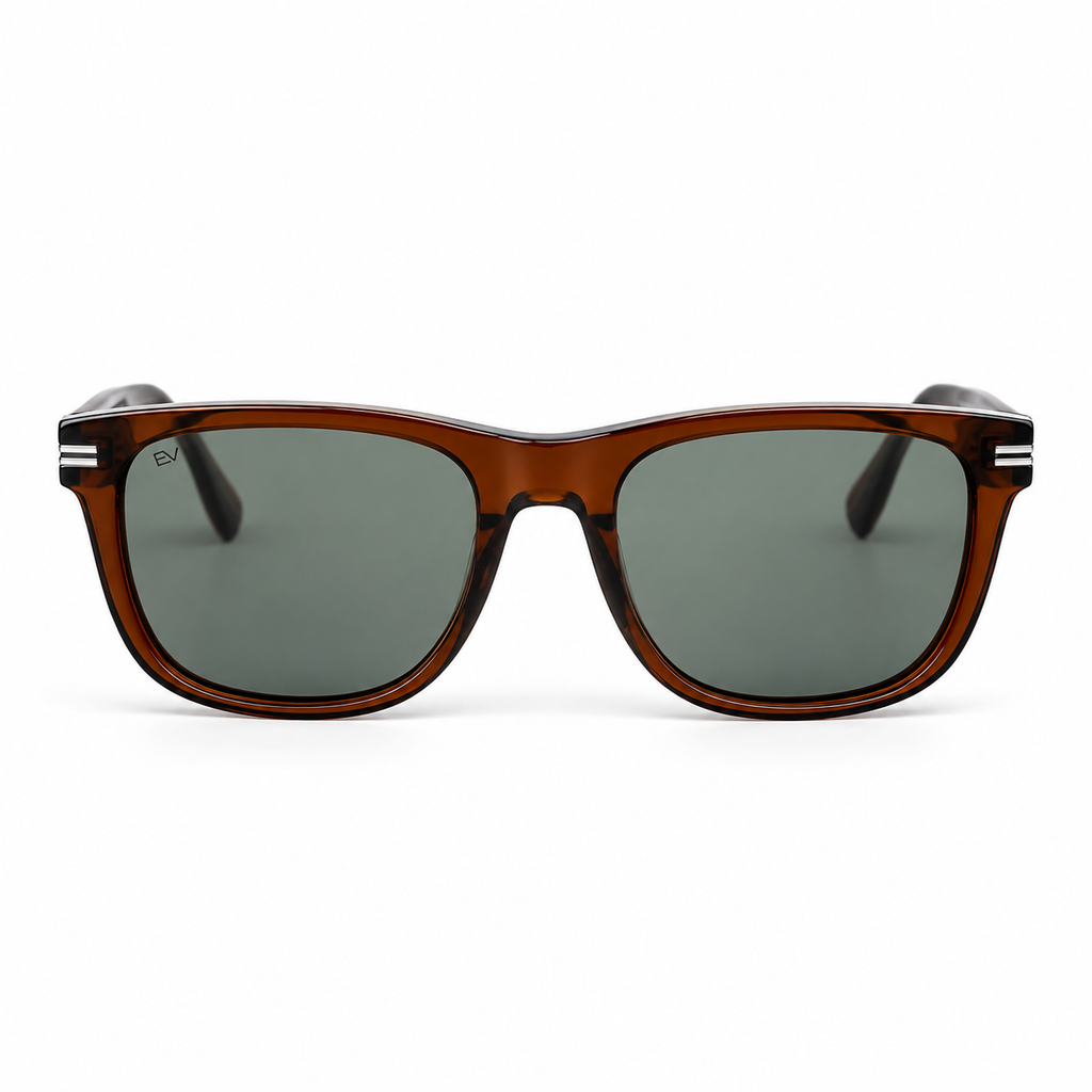 Lunettes de soleil EVATIKA, forme rectangulaire, monture marron, verres vert