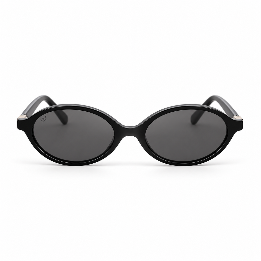 Lunettes de soleil EVATIKA, forme ovale, monture noir, verres gris