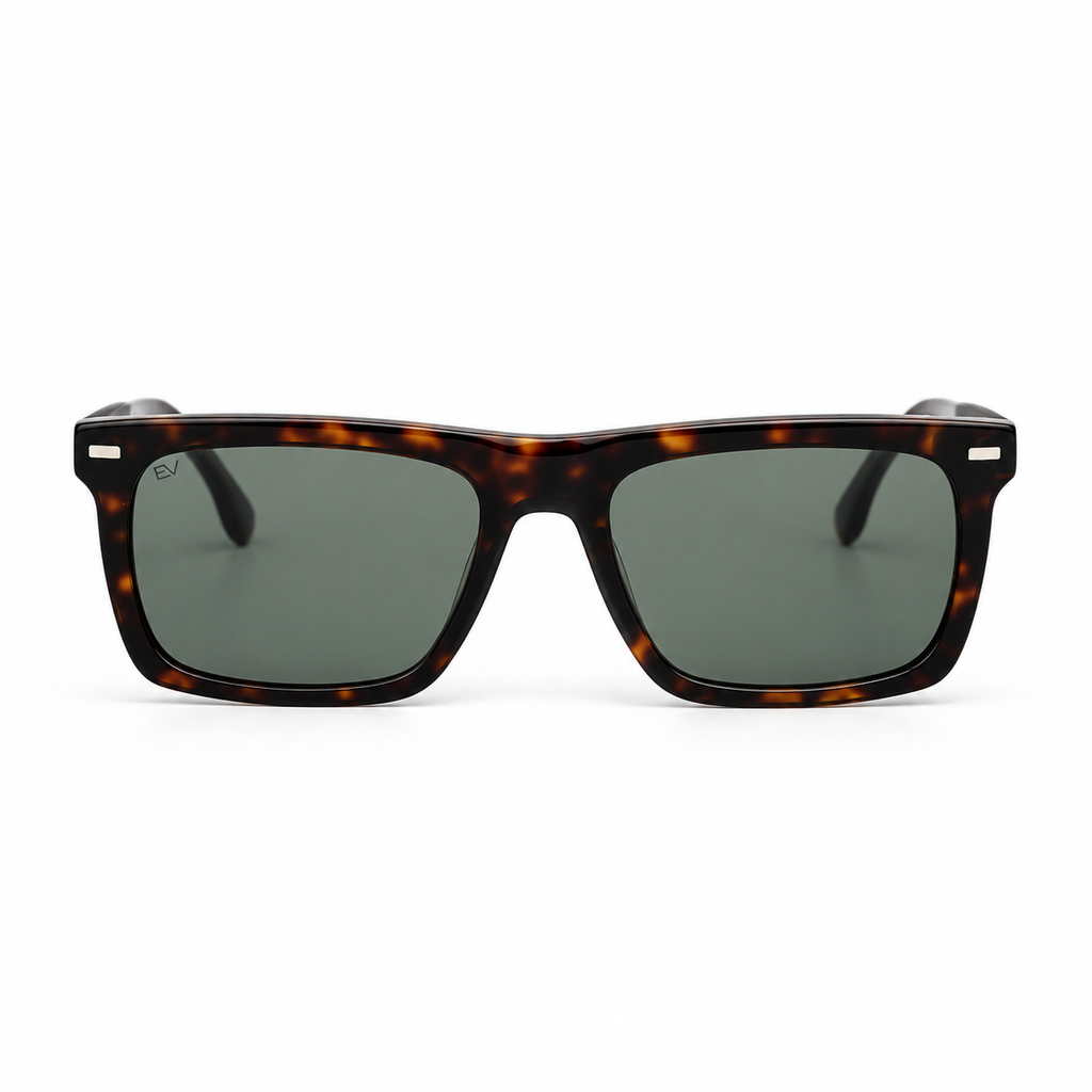 Lunettes de soleil EVATIKA, forme rectangulaire, monture écaille, verres vert