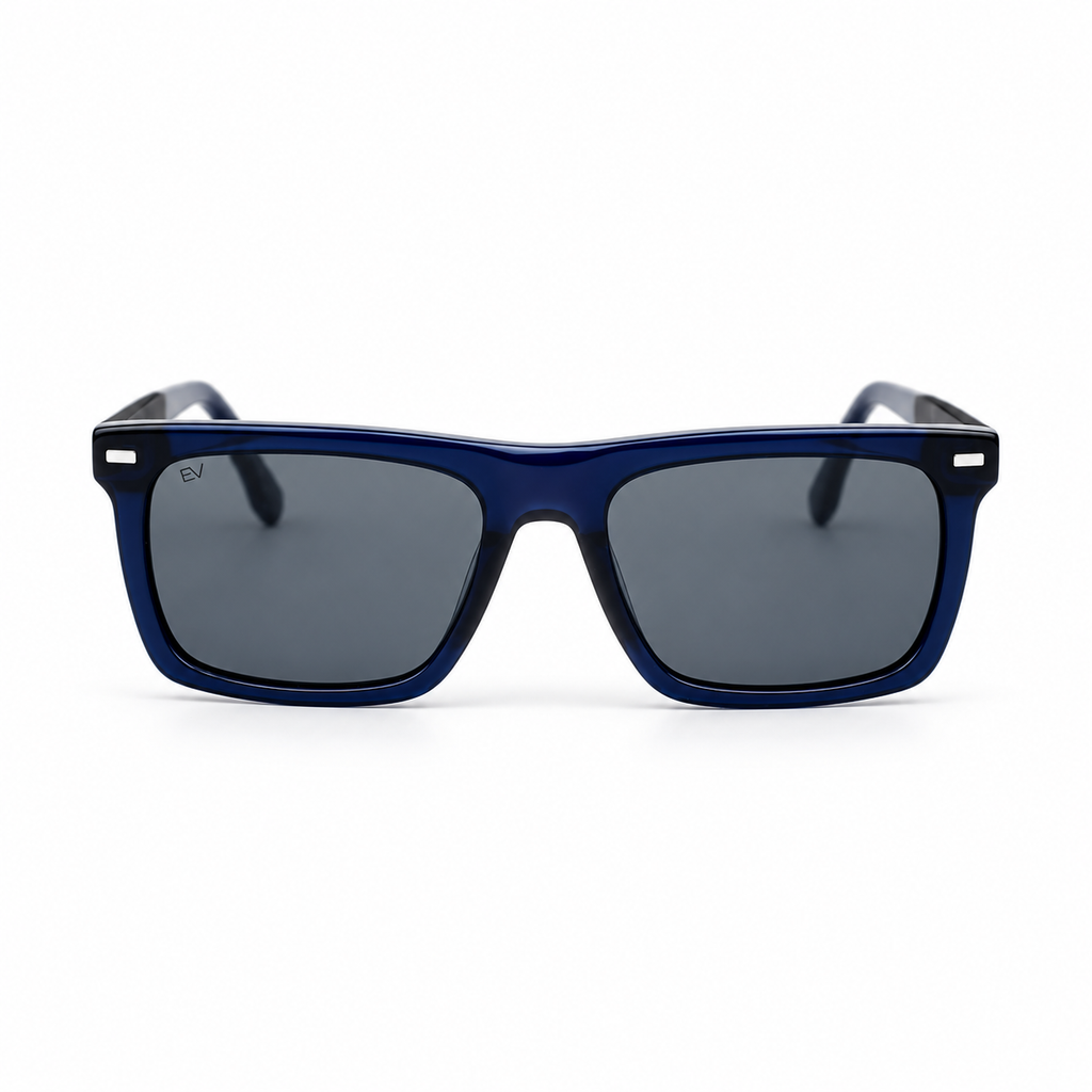 Lunettes de soleil EVATIKA, forme rectangulaire, monture bleu, verres gris
