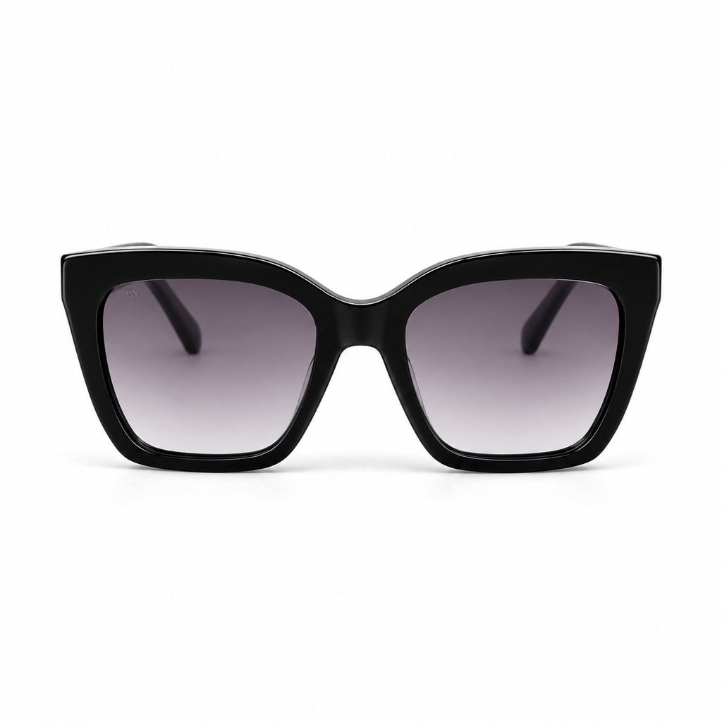Lunettes de soleil EVATIKA, forme cat-eye, monture noir, verres violet