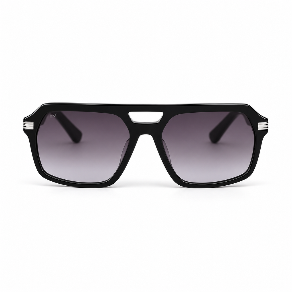 Lunettes de soleil EVATIKA, forme aviateur, monture noir, verres violet