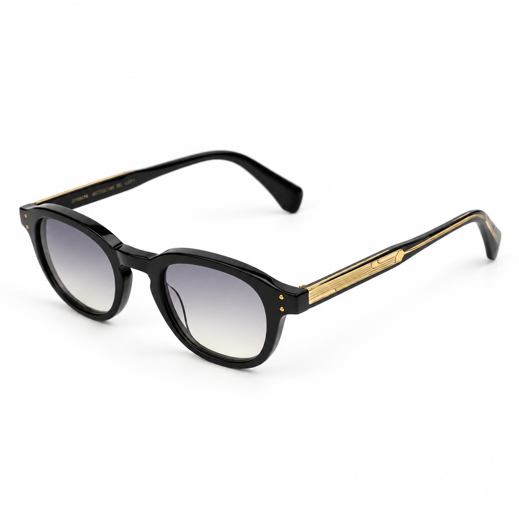 OZ Eyewear Monture noire arrondie à verres gris – vue trois quarts