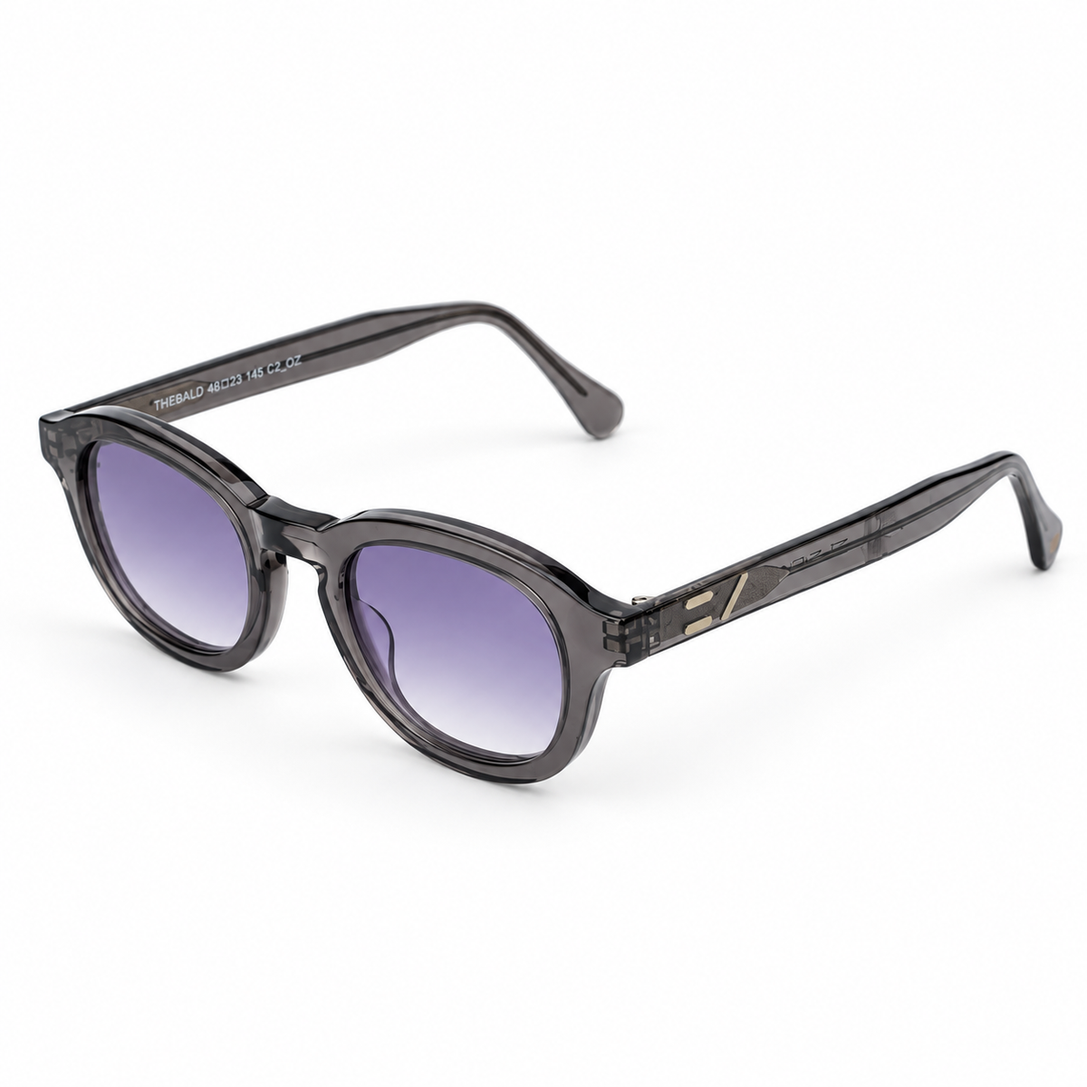 OZ Eyewear Monture gris fumé arrondie à verres violets – vue trois quarts
