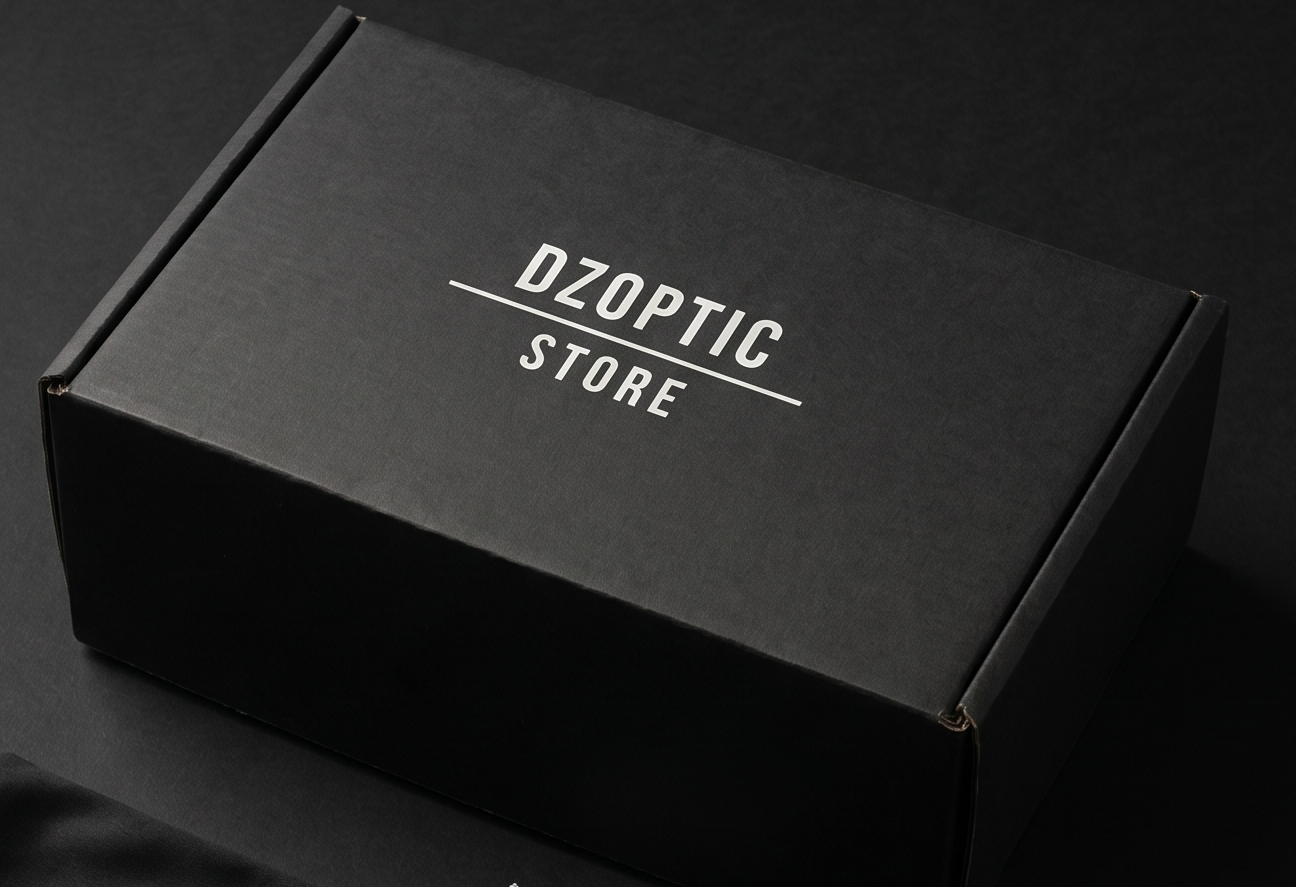 Black box with 'DZOptic Store' branding on a dark background