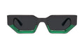 Geometric square sunglasses with a matte black frame and translucent green acetate detailing along the bottom edges of the lenses, shown against a plain white background.