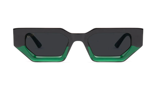 Geometric square sunglasses with a matte black frame and translucent green acetate detailing along the bottom edges of the lenses, shown against a plain white background.